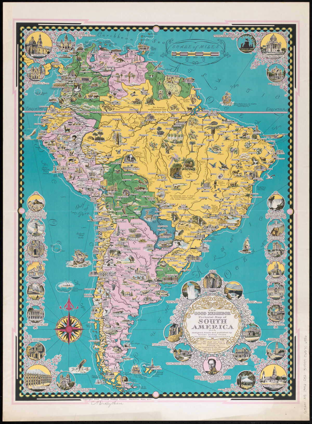 A mid-twentieth century pictorial map of South America by Ernest Dudley Chase.