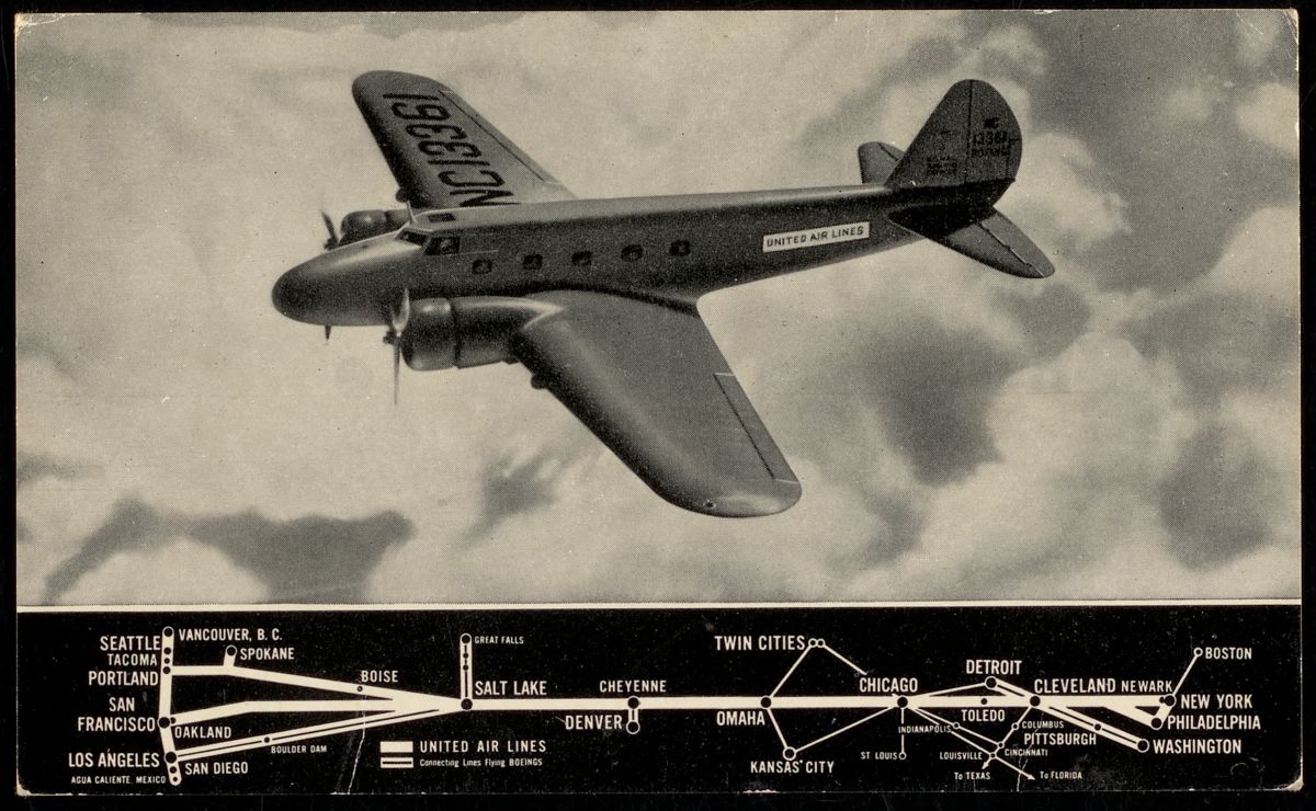 The front of this postcard includes an illustration of a Boeing 247-D and a map of United Air Line routes across the United States.