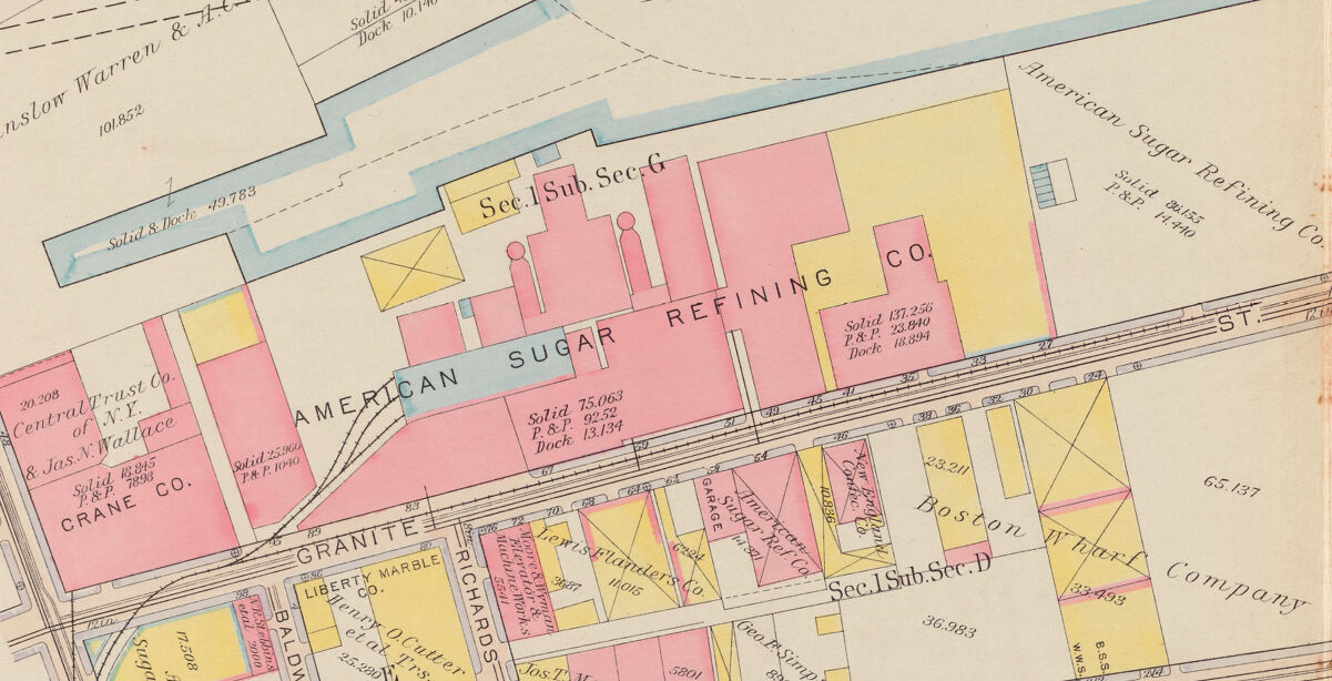 This 1919 Atlas of South Boston depicts the American Sugar Refining Company&rsquo;s large sugar refining complex along the Fort Point Channel