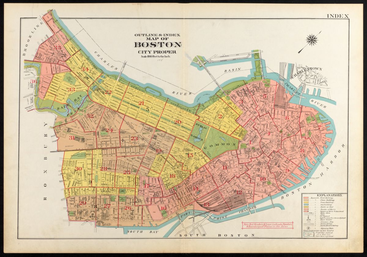 Each numbered section on the index of this 1938 Bromley Atlas of the City of Boston corresponds to a specific plate in the atlas. A user would identify which area they wished to investigate on the larger scale index map, and then flip to the specific plate for the &lsquo;zoomed-in&rsquo; smaller scale and highly detailed depictions which the atlases are known for.