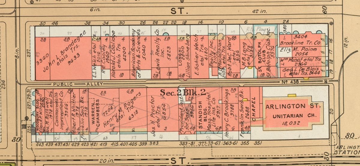 Note the handwritten edits and street number changes on this details of the 1938 Bromley Atlas of the City of Boston.