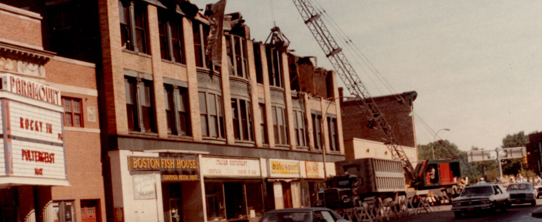 Demolition crane, Paramount Movie Theatre, Newton Corner. Newton, MA