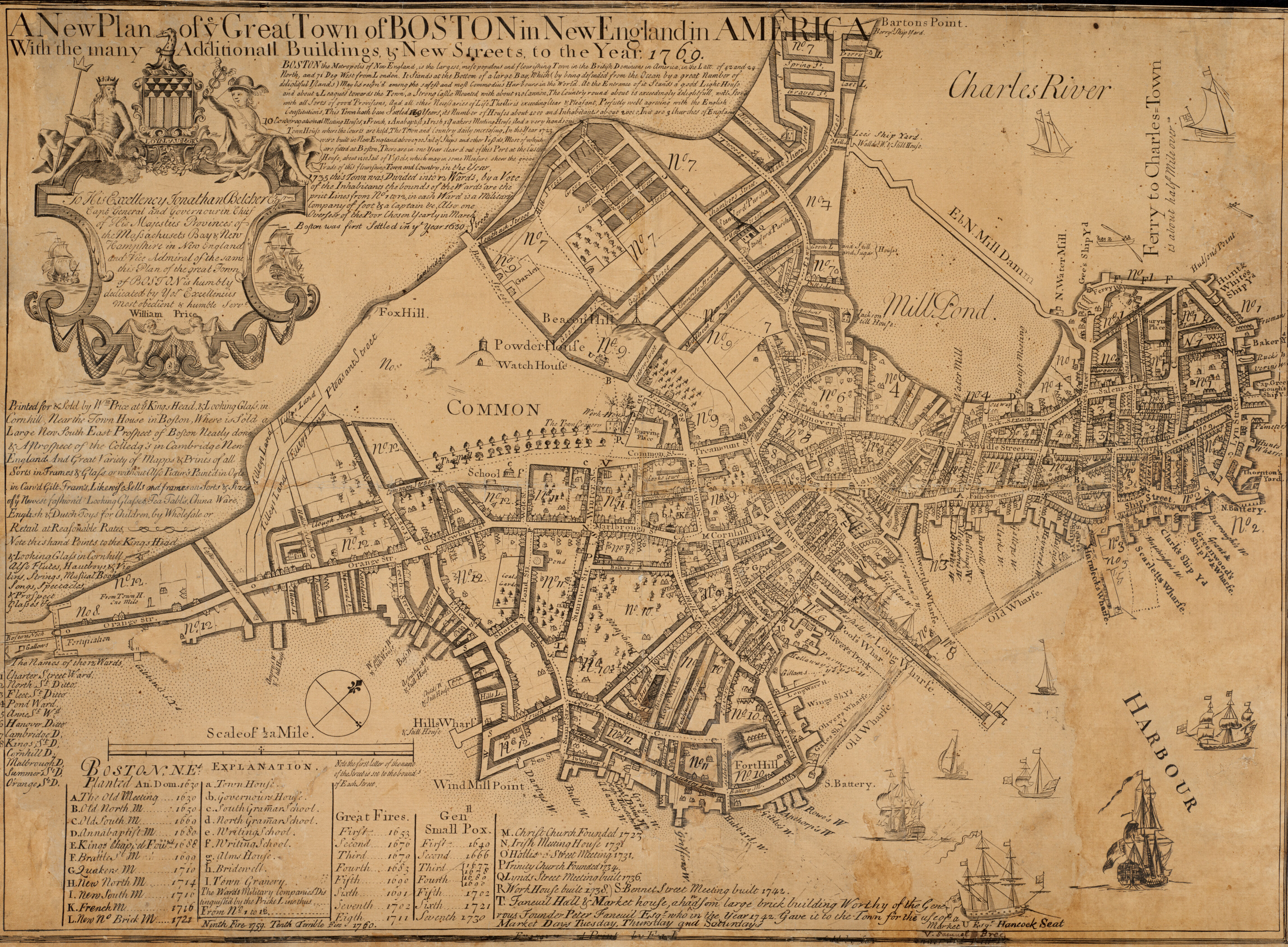 A map showing the city of Boston in 1769, on which are labeled various city streets, important landmarks, churches, docks & wharves, military fortifications, among others.