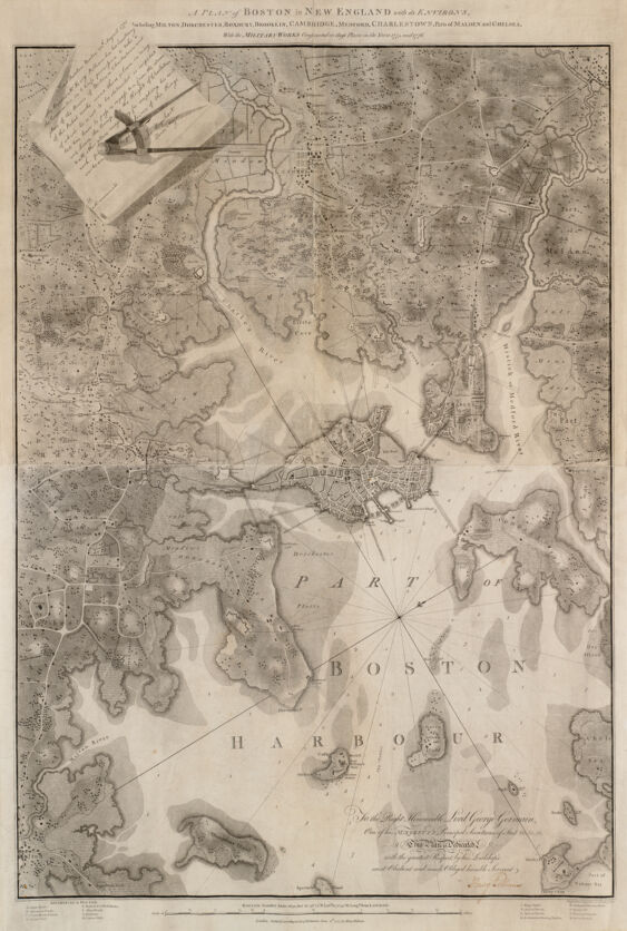 Black and white printed map of Boston. Water depth is shown, as is a significant amount of detail on the land including field systems, blocks of buildings, forts, inns, roads, and property owners. In the top left corner is a realistic image of a curled peice of paper with writing, and a compass.