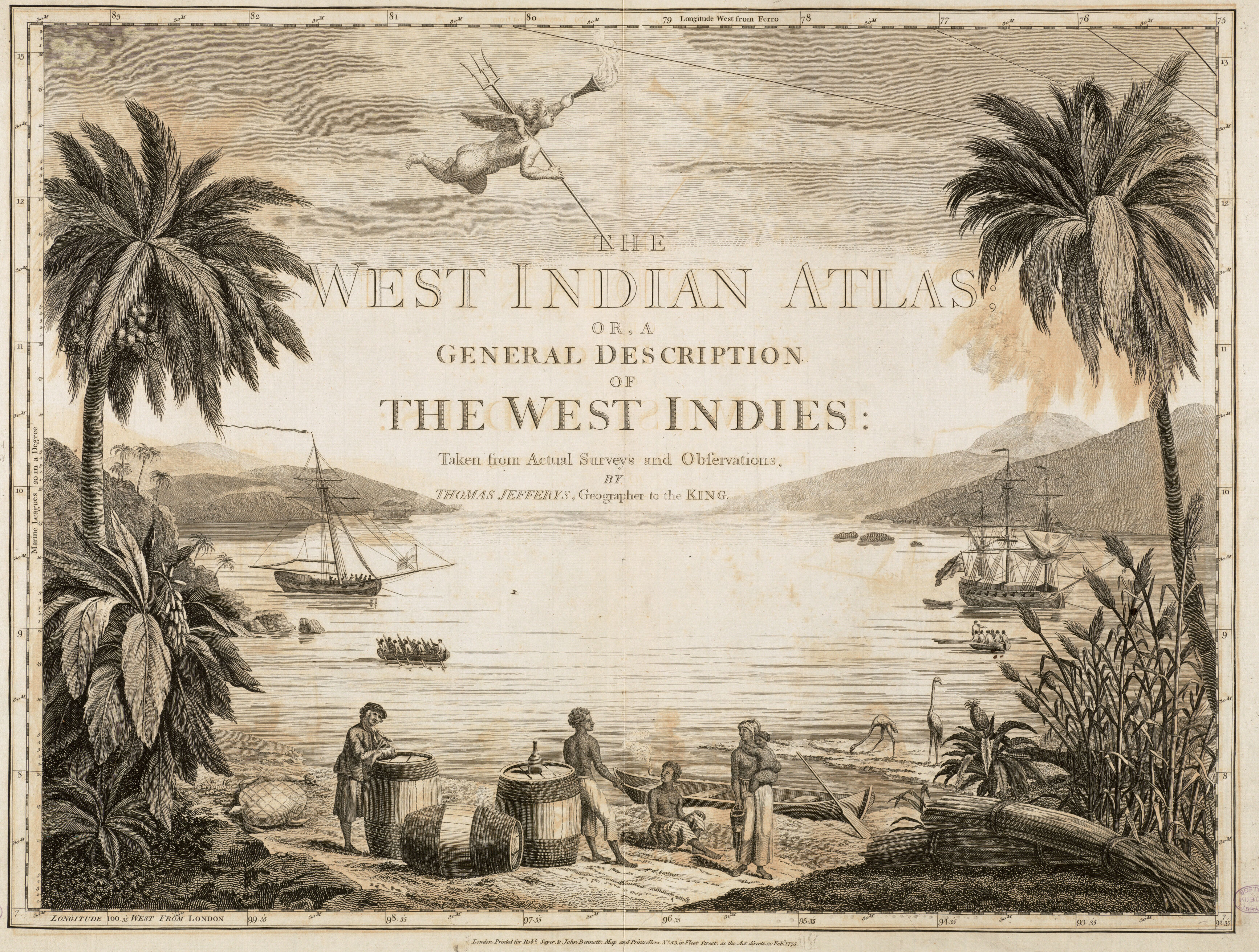 An engraved image showing a romanticised image of life in the West Indies, including enslaved people, sugar cane, and several boats and ships in a bay.