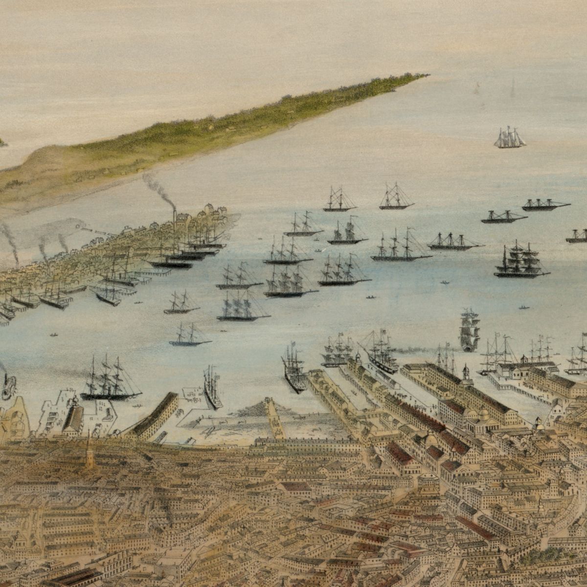 Illustration of ships in Boston Harbor from a birds-eye view