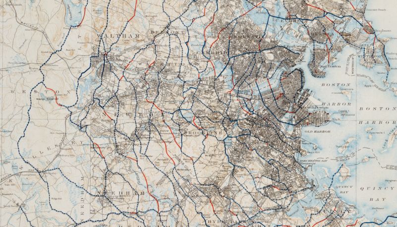 A 1909 atlas shows the existing and proposed circumferential thoroughfares around Boston in blue and red lines