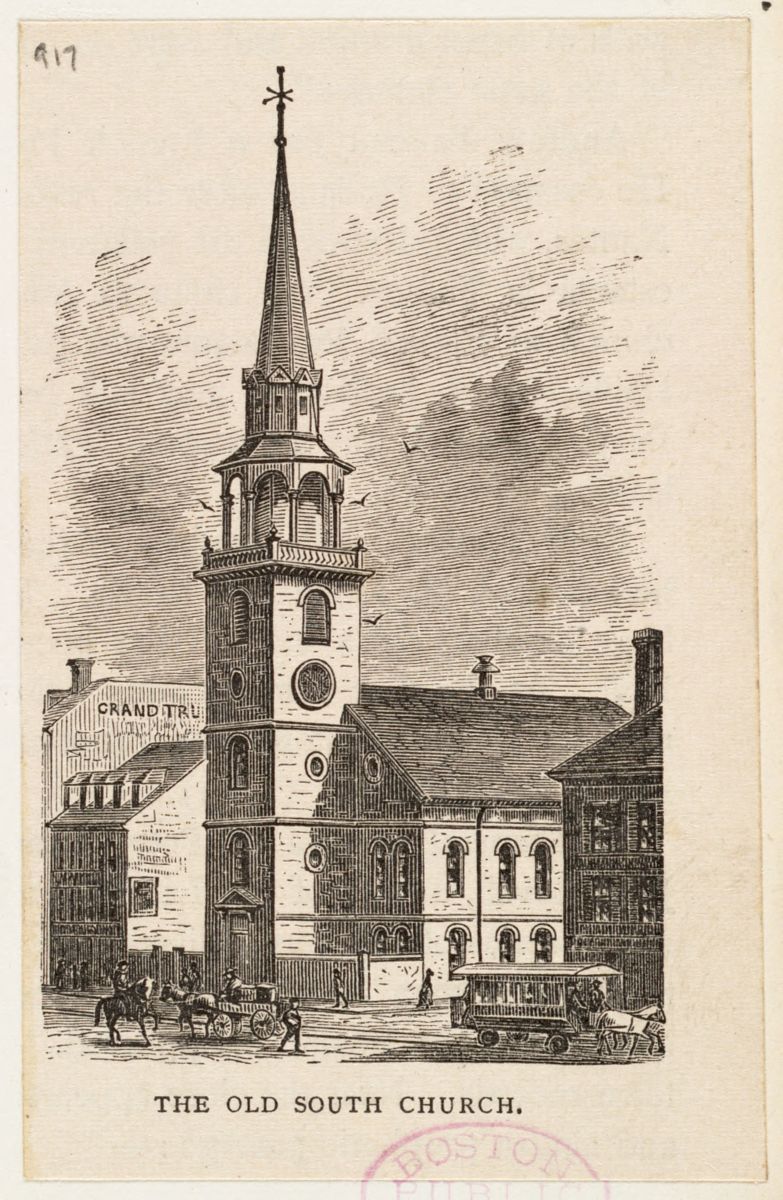 This print (ca. 1855-1870) depicts Boston&rsquo;s Old South Meeting House Church where Phillis Wheatley worshipped.