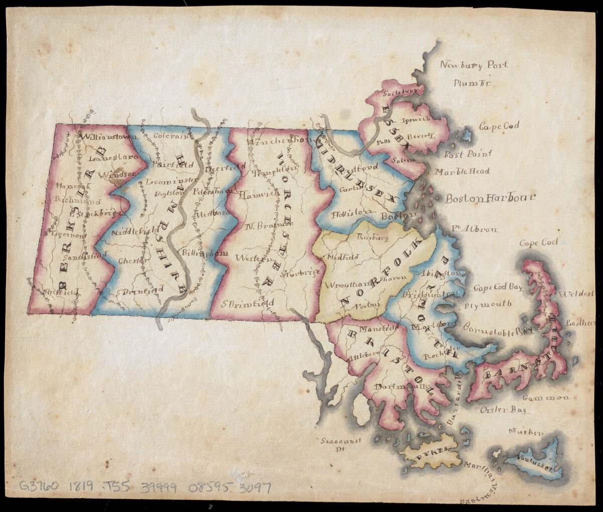 *[Map of Massachusetts](https://collections.leventhalmap.org/search/commonwealth:mw22xn331)* by Eliza Tileston, 1819