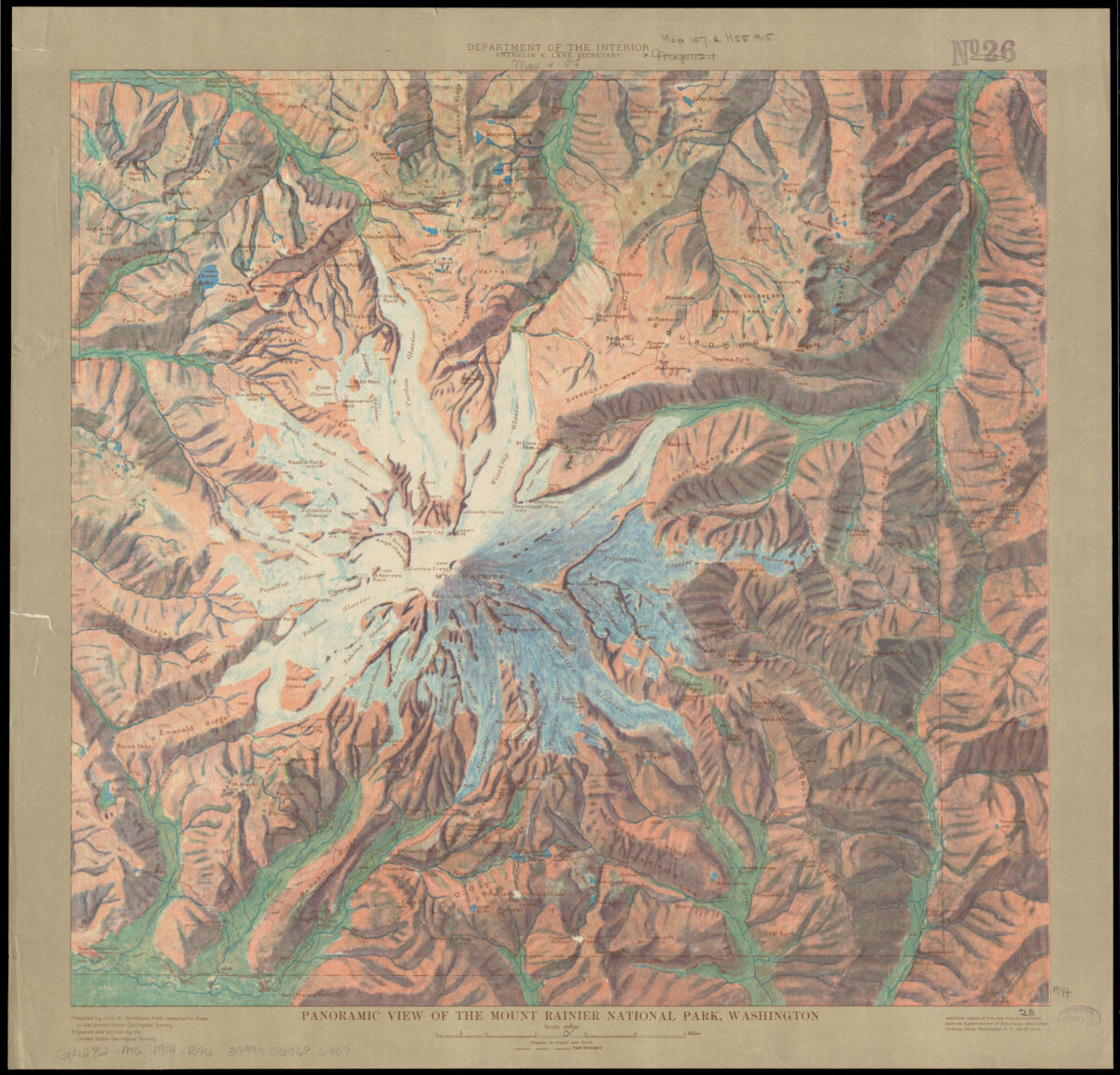 An early 20th-century topographic map of Mount Rainier National Park.