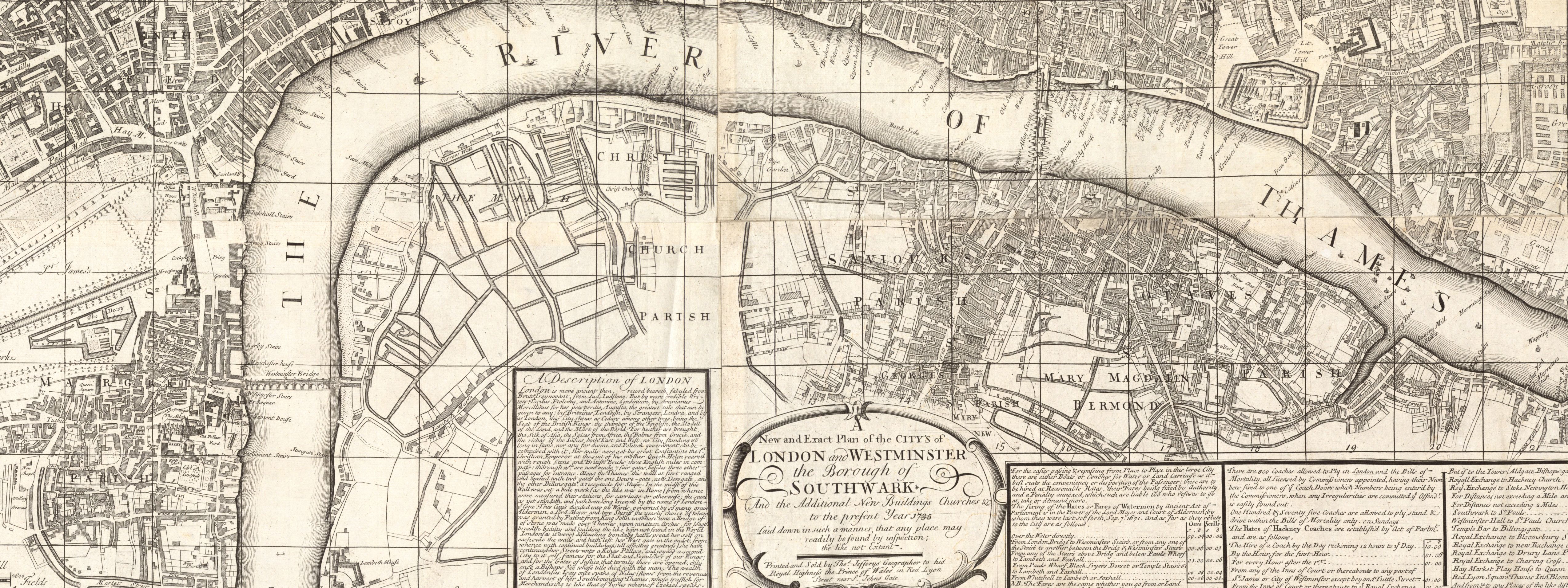 A new and exact plan of the city's of London and Westminster, the borough of Southwark : and the additional new buildings, churches &c. to the present year 1735 laid down in such a manner, that any place may readily be found by inspection; the like no extant