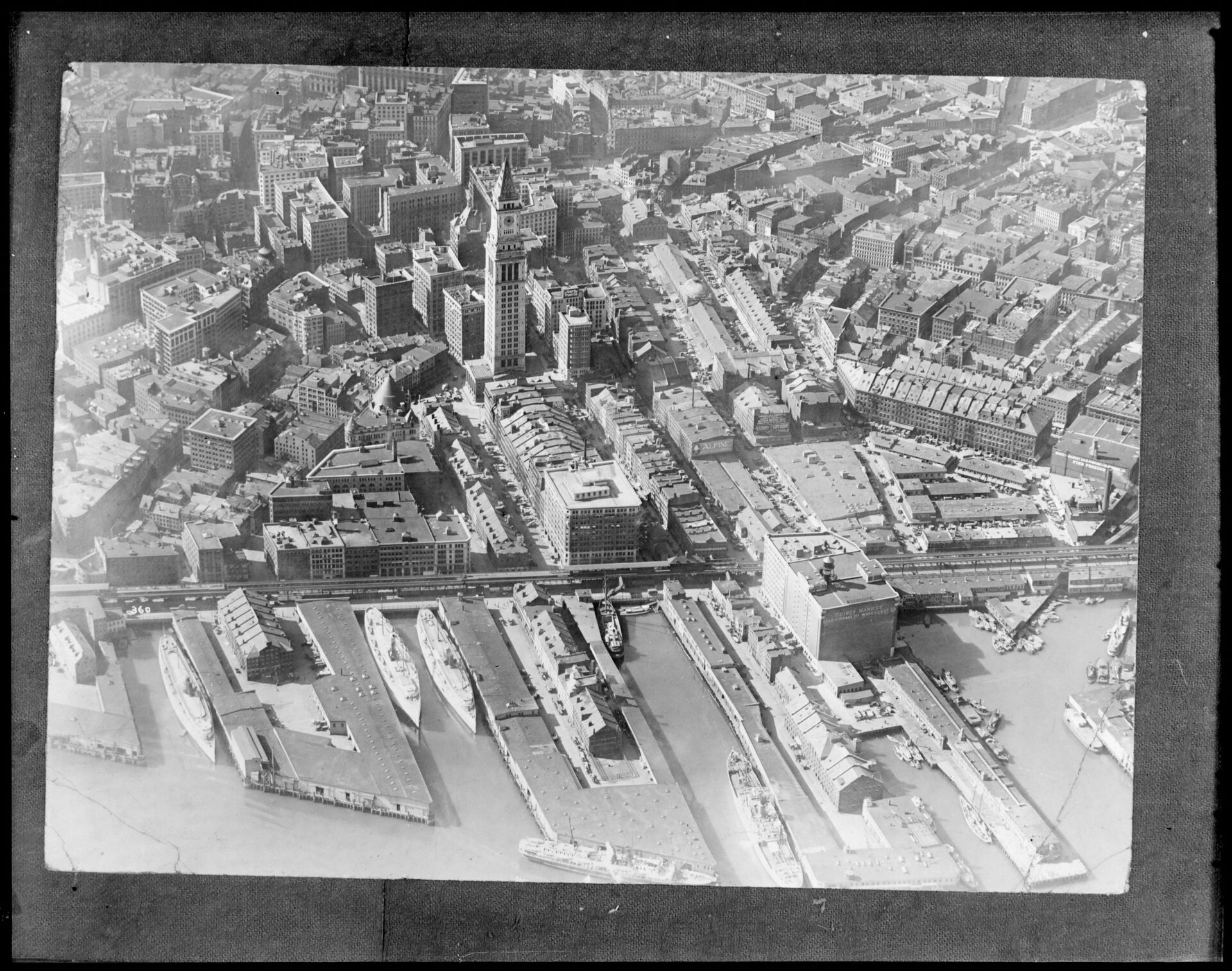 Aerial photograph of Boston waterfront and Custom House tower from around 1930