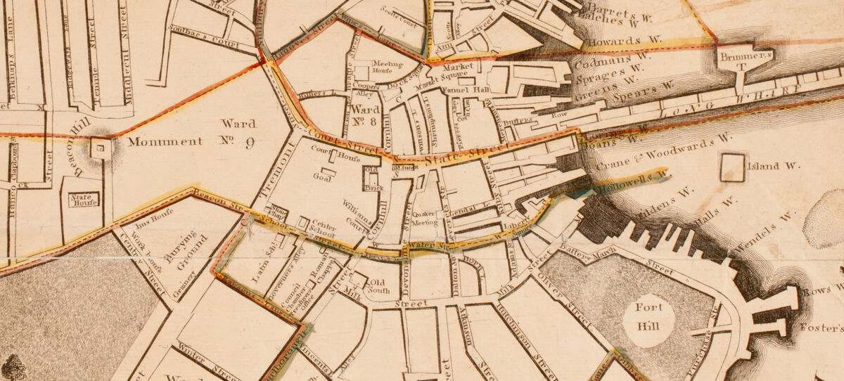 The Wheatley mansion was located at the corner of State Street and Kilby Street, one city block away from the harbor and Long Wharf, and not far from Boston Common. Pictured here in a 1797 map of Boston