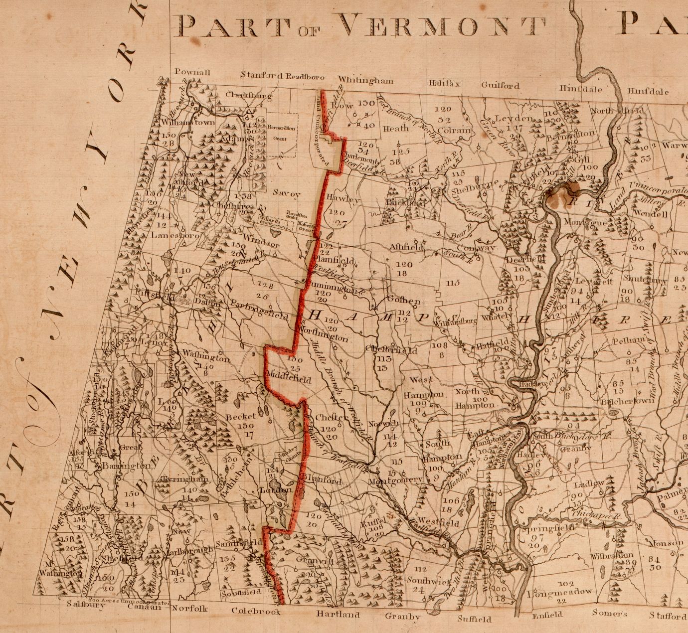 Details from Osgood Carelton's map of the commonwealth of Massachusetts, showing the lands which Dwight surveyed. This section focuses on western Massachusetts, specifically highlighting Berkshire and Hampshire counties. Otherwise balck and white, the two counties are separated by a red line.
