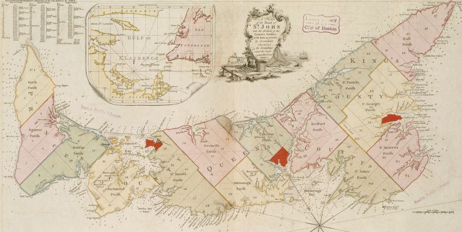 Hand-colored printed map of the modern Canadian province of PEI, showing the island divided into parishes and individual plots of land