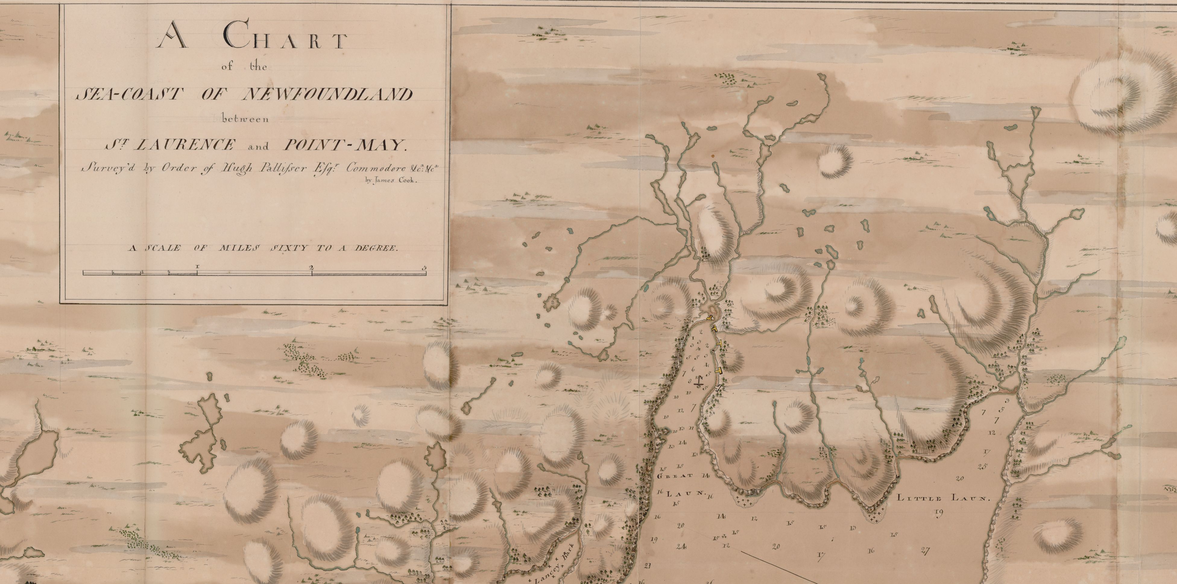 Portion of a manuscript map with a simple box cartouche and part of a coastline with water depth. The land is shaded to show elevation.