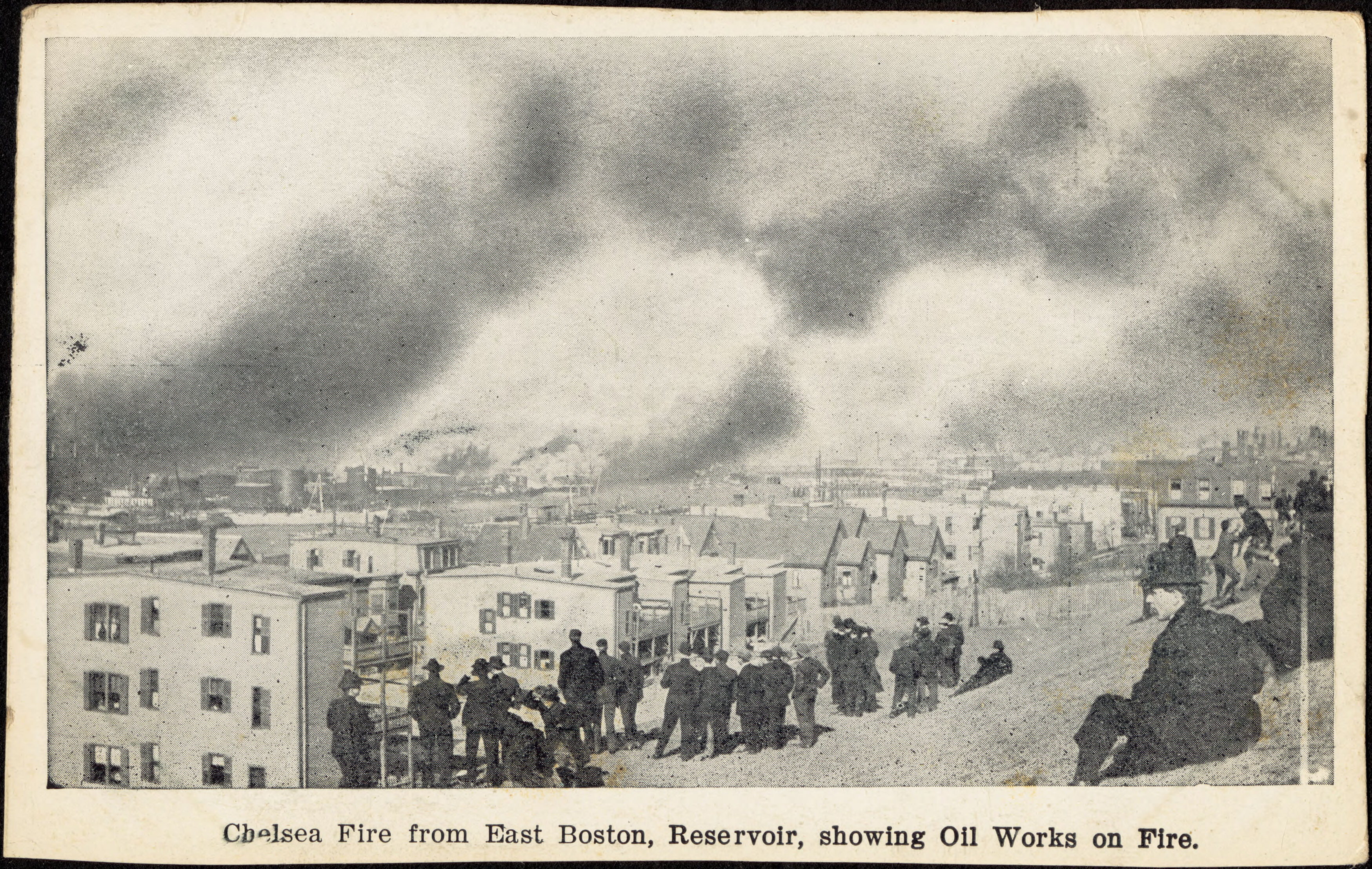 In April 1908, Chelsea was devastated by an enormous fire that tore through the city, including the oil tanks along the Mystic River, as seen in this postcard from the Chelsea Public Library’s collections. The air pollution from this event was one of the worst toxic disasters in Massachusetts history.