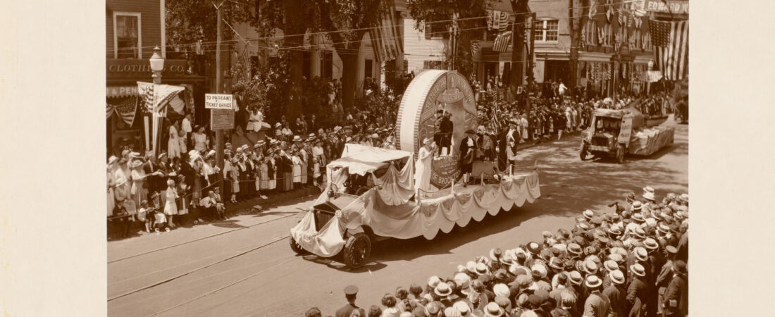 Plymouth  Tercentenary celebration, parade, President Day, August 1, 1921, float by Brockton, MA, representing Sachem's Rock, 1649