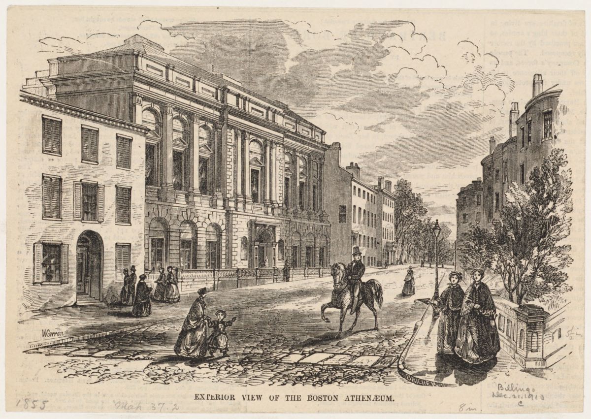 Print of the exterior of the Boston Athenaeum in 1855, Warren; Bricher)