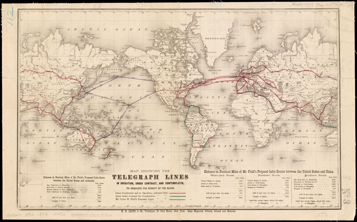 This 1872 world map depicts completed and in-construction telegraph lines at a time when the &quot;circuit of the globe&quot; had not yet been completed.