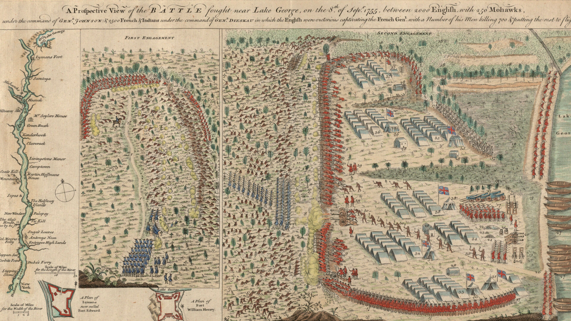 A map of the 1755 battle at Lake George, depicting individual troops engaged in comabt from a birds-eye perspective.