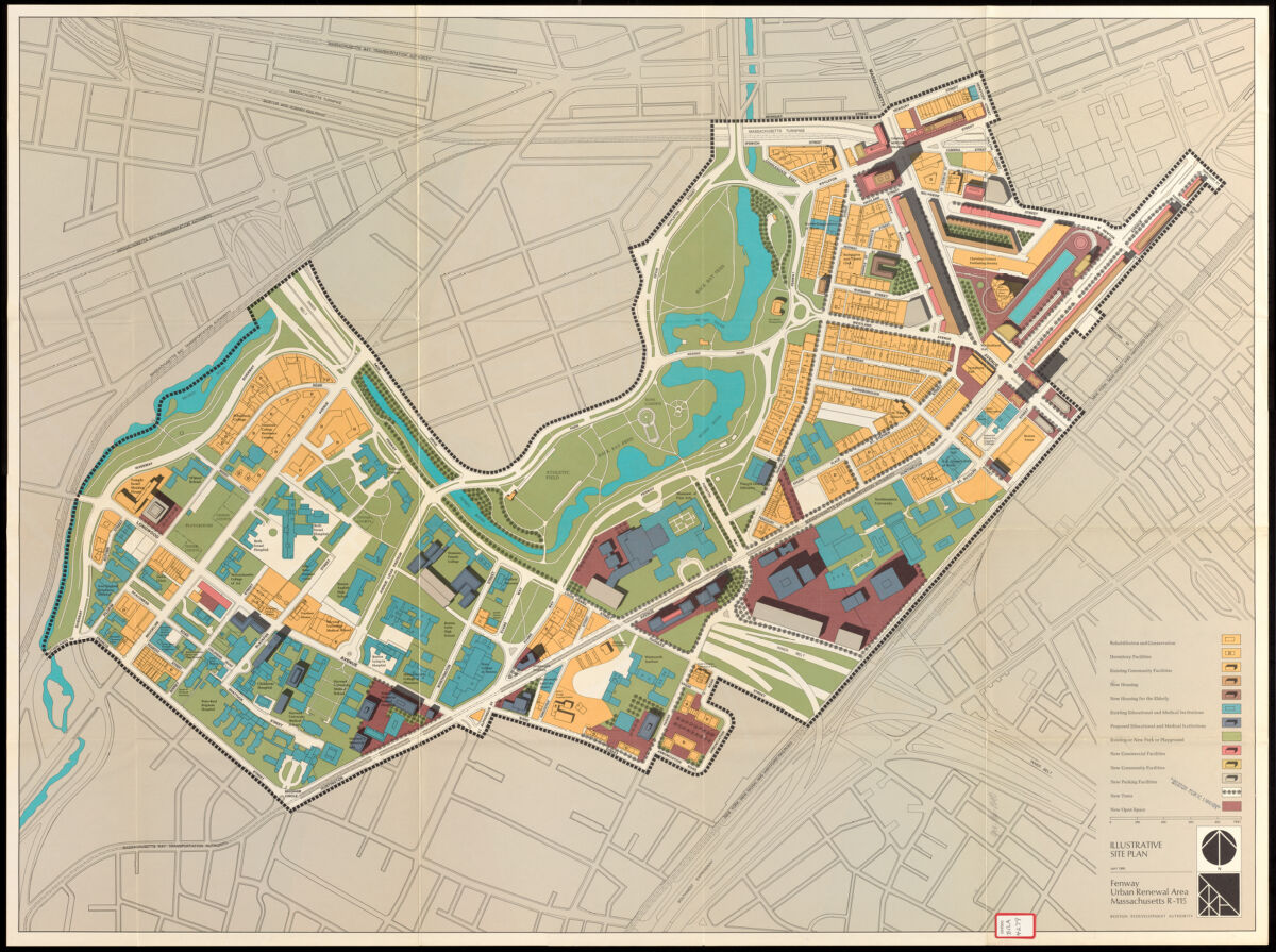 This Illustrative site plan of Washington Park shows where the eventual site of Mission Park was excluded from the Fenway plan between 1963 and 1965 (bottom left). The Christian Science Plaza and surrounding area, on the other hand, was added (top right).