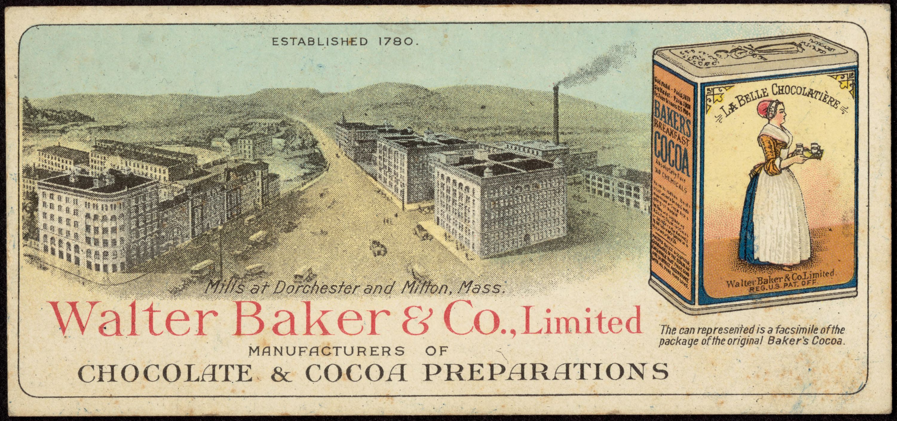 This advertising card from the late nineteenth lists the Walter Baker &amp; Co. as manufacturers of chocolate and cocoa preparation.