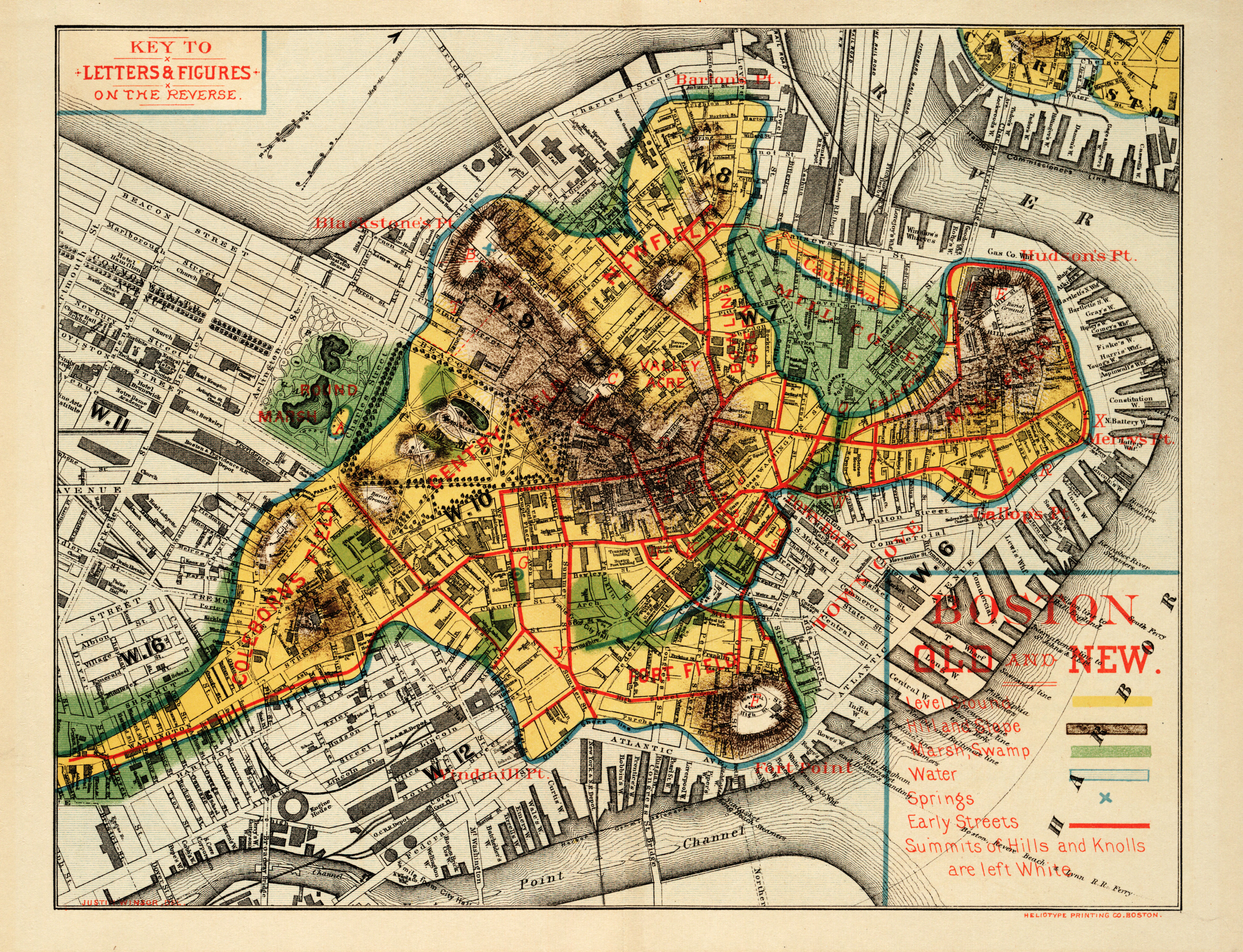 This map of Boston Old and New appeared in the first volume of Winsor&rsquo;s book, Memorial History of Boston, Including Suffolk County, Massachusetts.