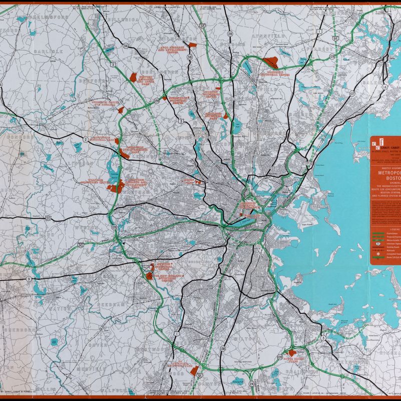 Image of Master Highway Plan Metropolitan Boston Showing the Massachusetts Turnpike, Route 128 (Circumferential Highway), Boston Central Artery, and Planned System of Expressways
