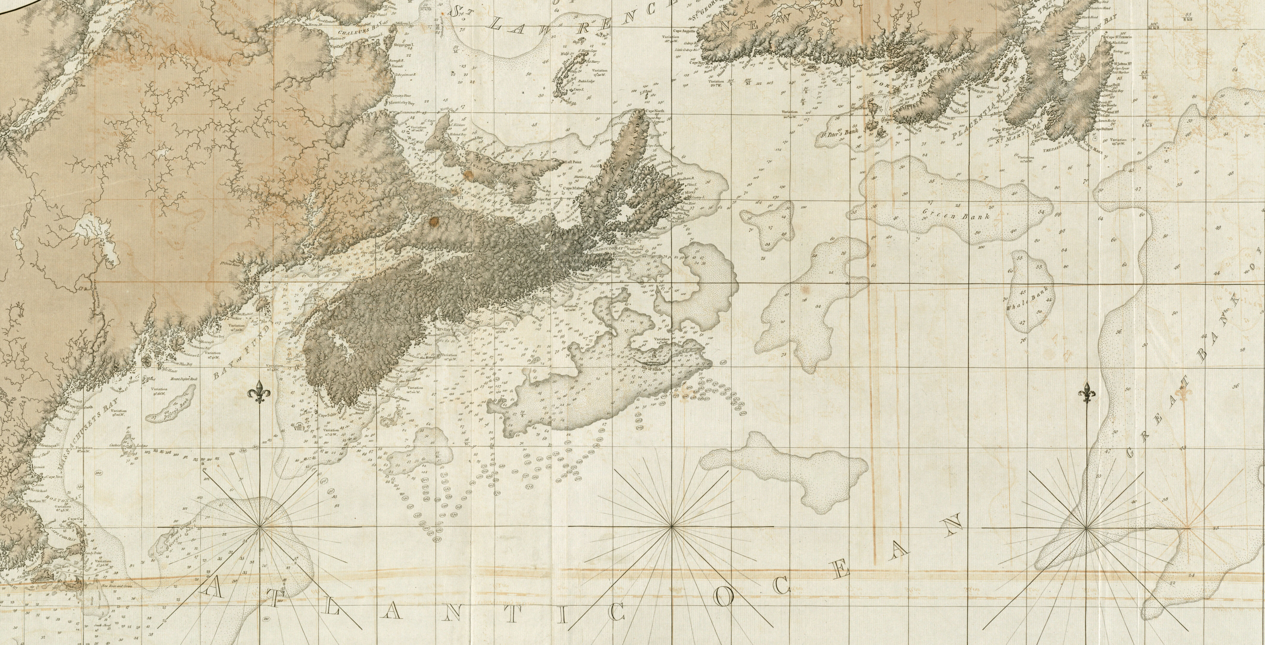 Section of a map of the coast of New England and Canada, with various portions labeled to indicate navigational details, such as tidal depths and bottom information