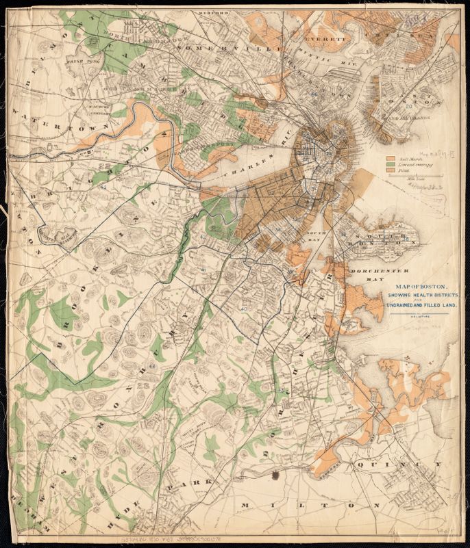 Image of Map of Boston : showing health districts and undrained and filled land