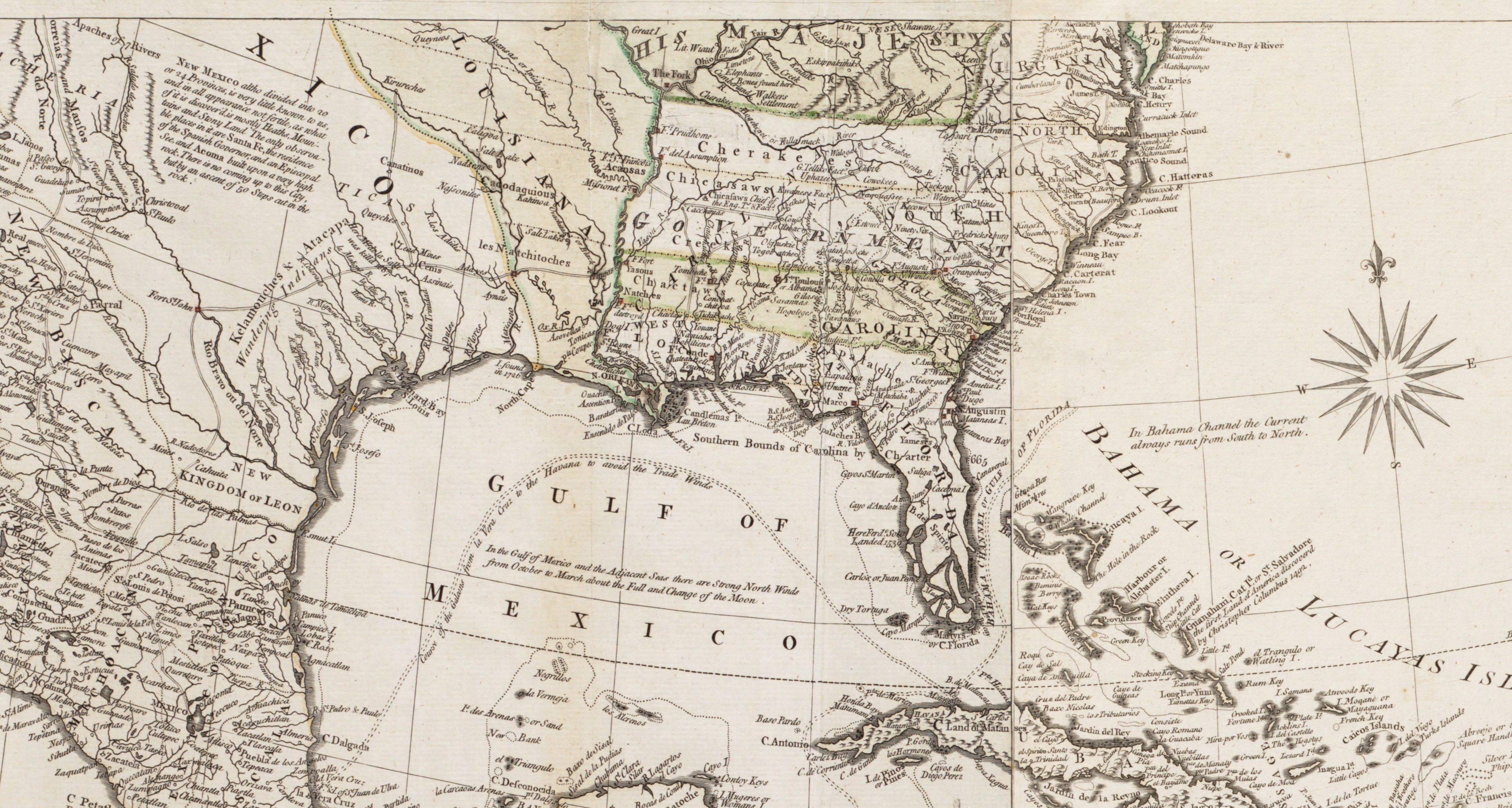 Detail of a hand-colored, printed map of North America. It includes many marginal notes on various aspects of the map and a small compass rose.