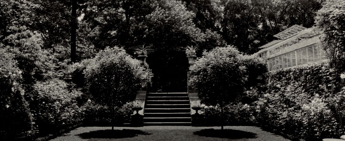 Ashdale Farm. View of Rose Garden looking towards stairs, greenhouse on right