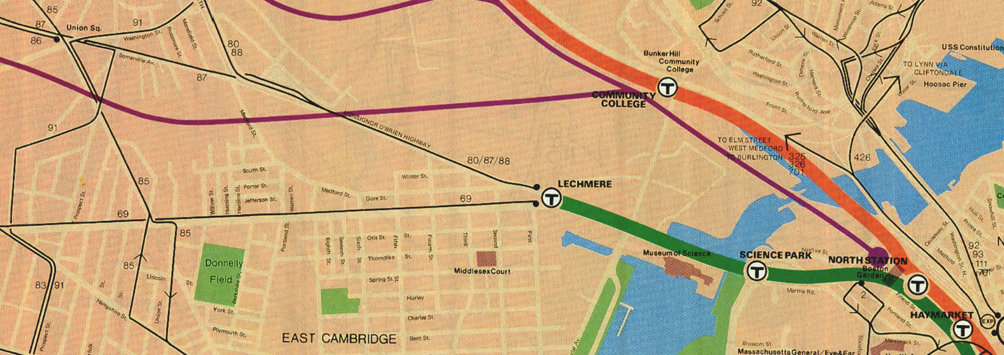 A detail of the North Station area from a 1977 MBTA map.