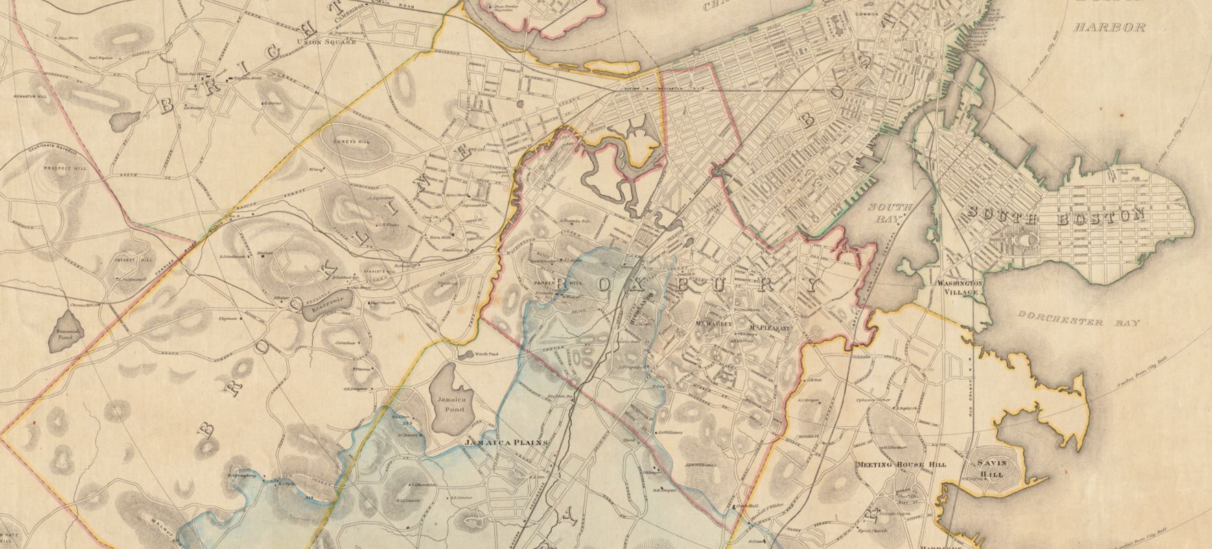 As the Back Bay neighborhood of Boston was filled to make new land, nineteenth-century Bostonians were forced to consider the natural geographies that connected land and water. The Stony Brook watershed, shown in blue on this 1860s map, crossed multiple then-independent towns, raising questions about what happens when social and ecological boundaries cross each other.