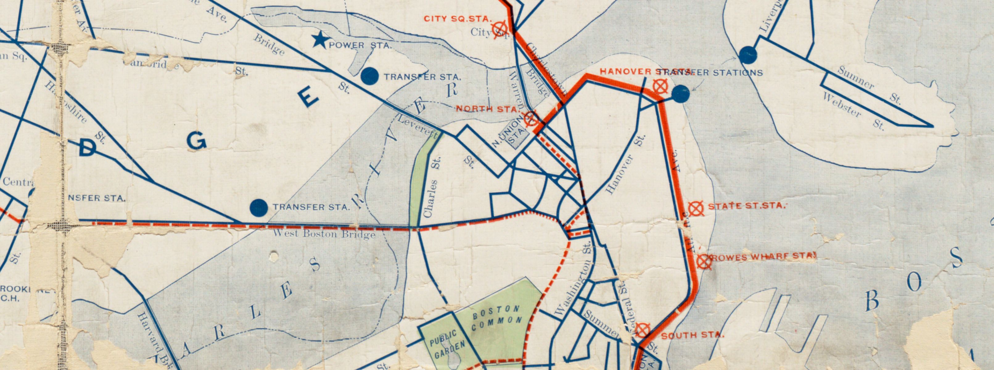 Detail showing the elevated railway line that once ran from North to South Stations, from an 1899 system map.