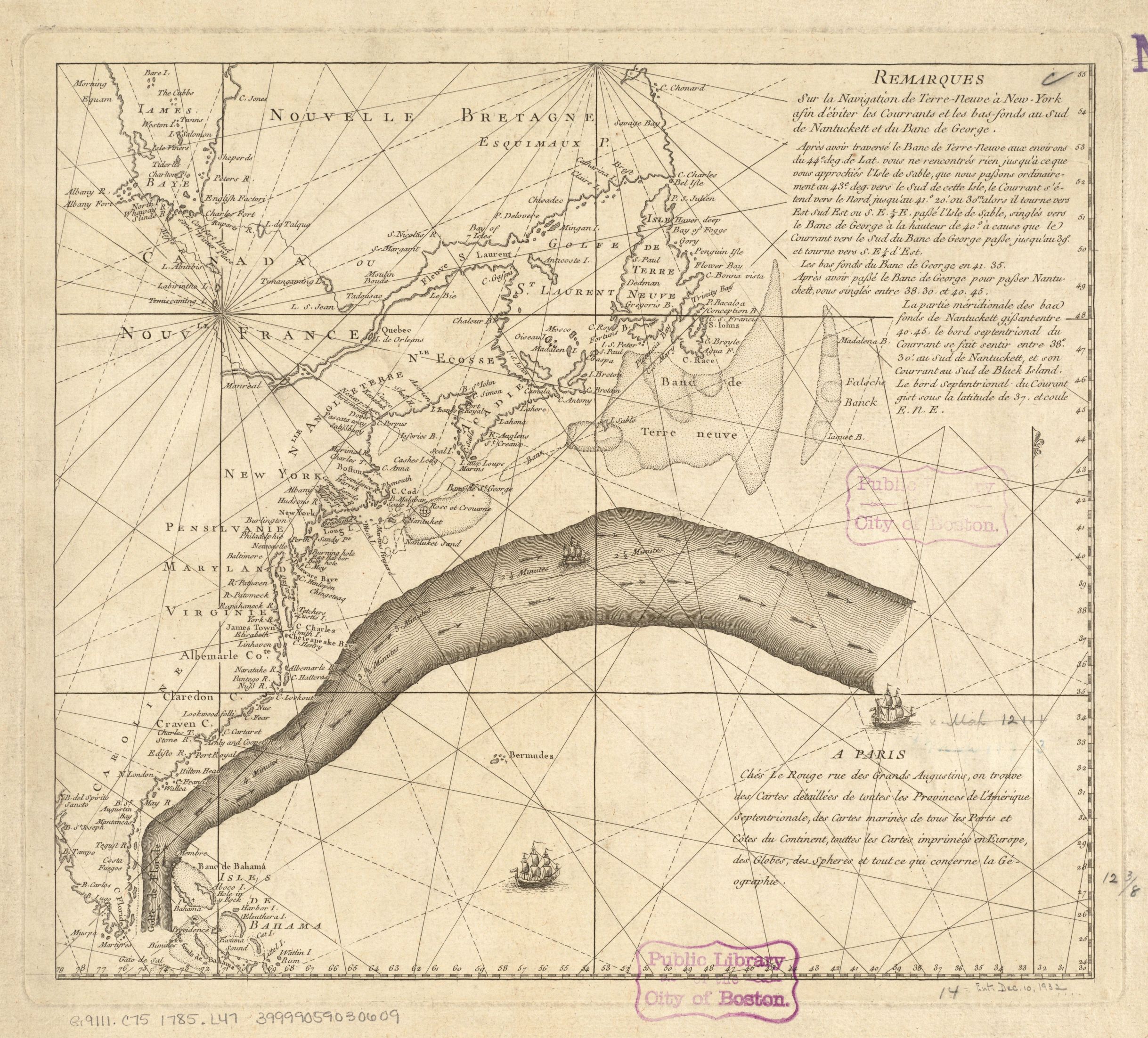 black and white French language printed map showing the course and location of the gulf stream