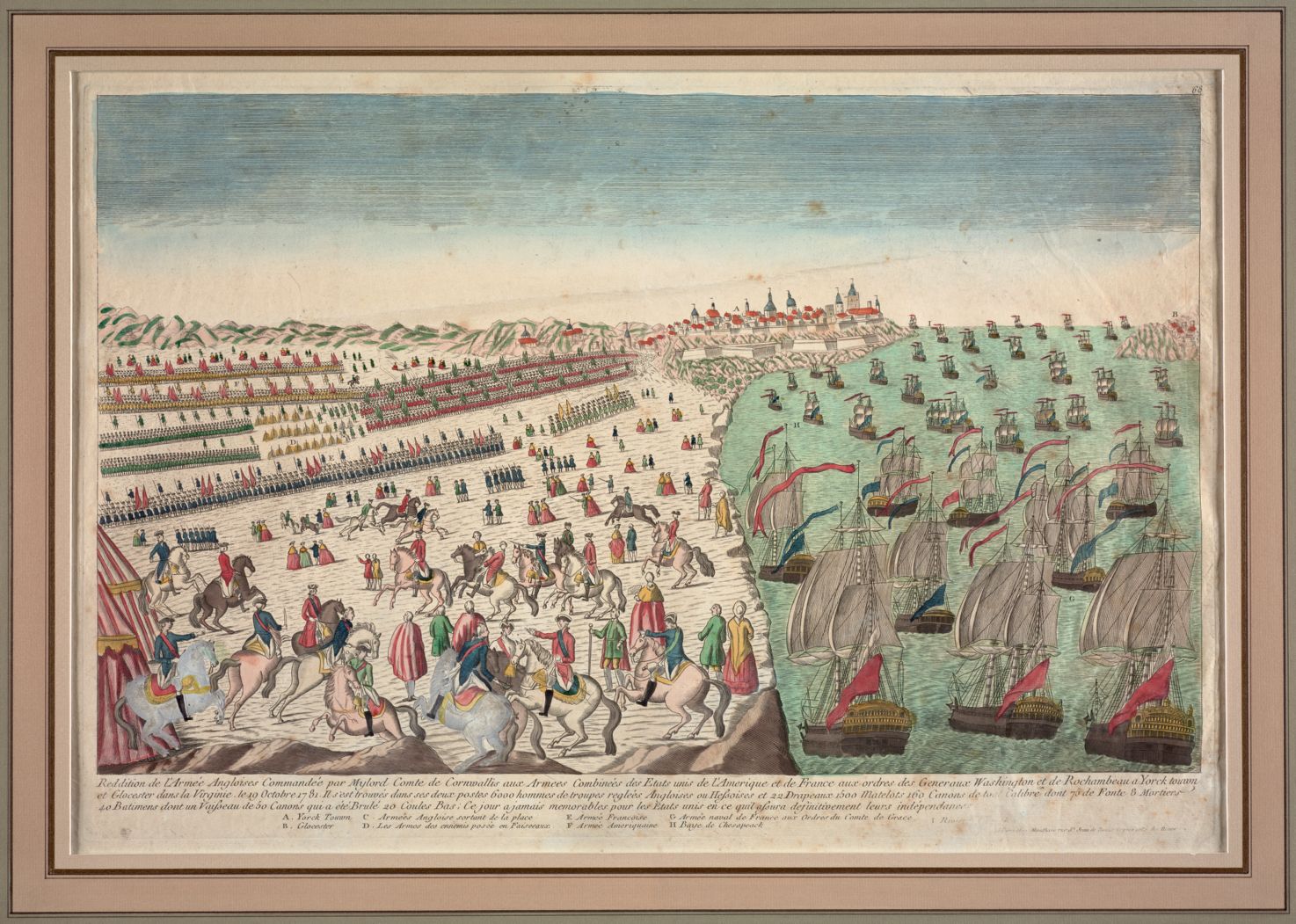 Reddition de l'armée Angloises commandée par Mylord Comte de Cornwallis aux armees combinées des Etats Unis de l'Amerique et de France aux ordres des Generaux Washington et de Rochambeau a Yorck Touwn et Glocester dans la Virginie