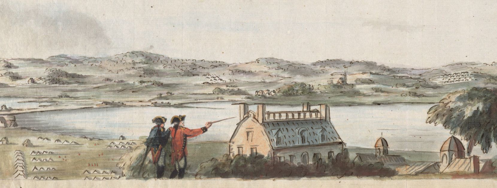 A color landscape view of the area around boston. Two figures are shown looking out over John Hancock's house and the river beyond, with troop encampments depicted to their left.