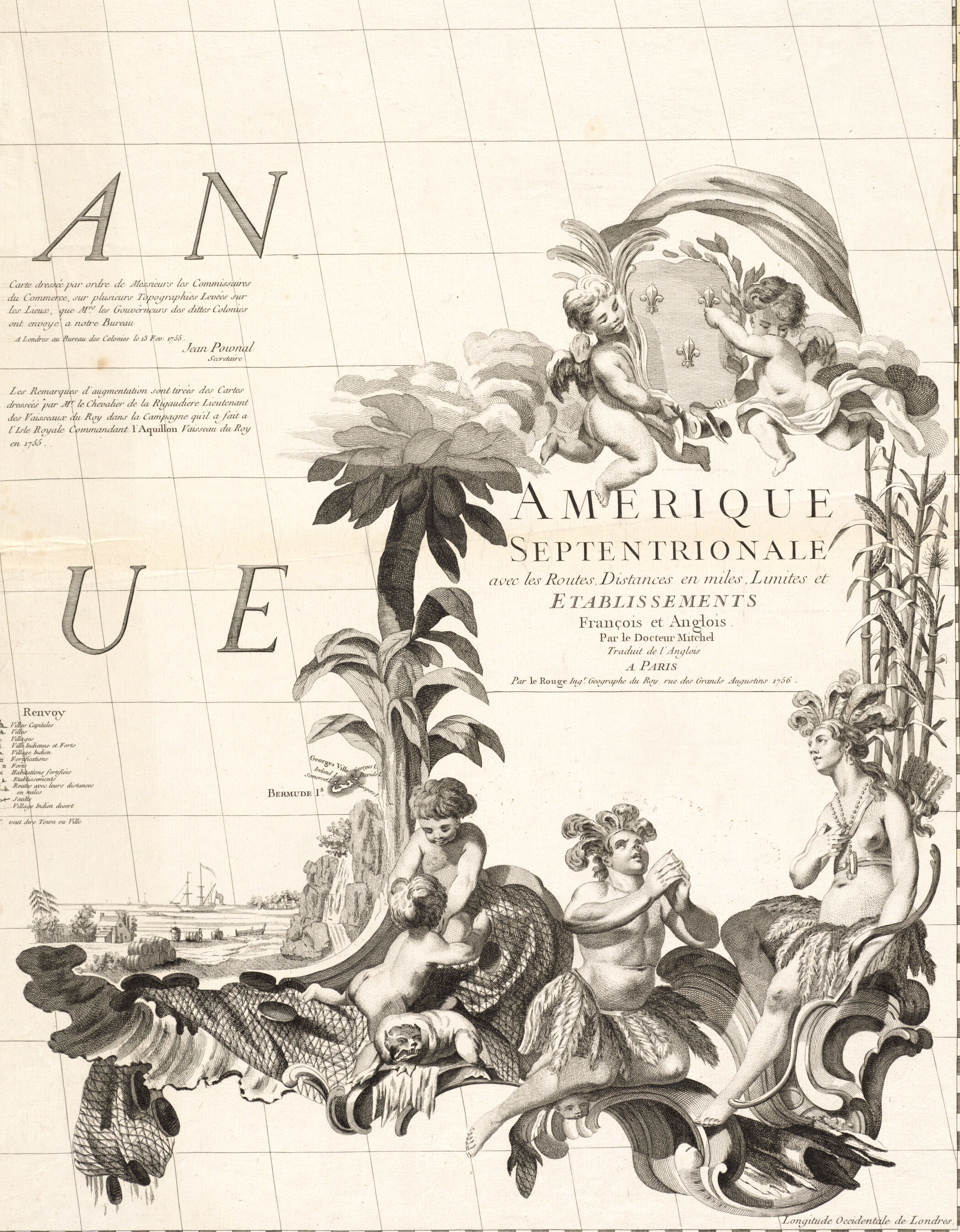An image of an elaborate map cartouche featuring cherubim, allegorical figures meant to represent Native Americans framed by a rococo border made of plants and animals. A  ship appears in the distance.