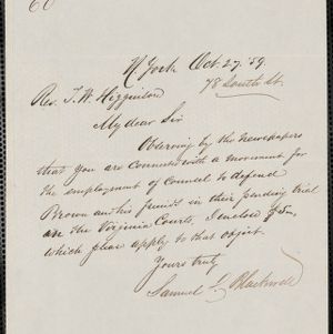 John Brown: Correspondence relating to John Brown and the raid on Harpers Ferry, West Virginia