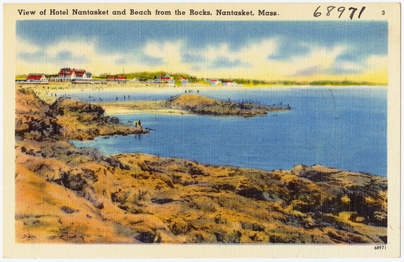 Postcard for the Nantasket Hotel, showing the rocky shores sometime between 1930 and 1945 (from the BPL Arts Department)