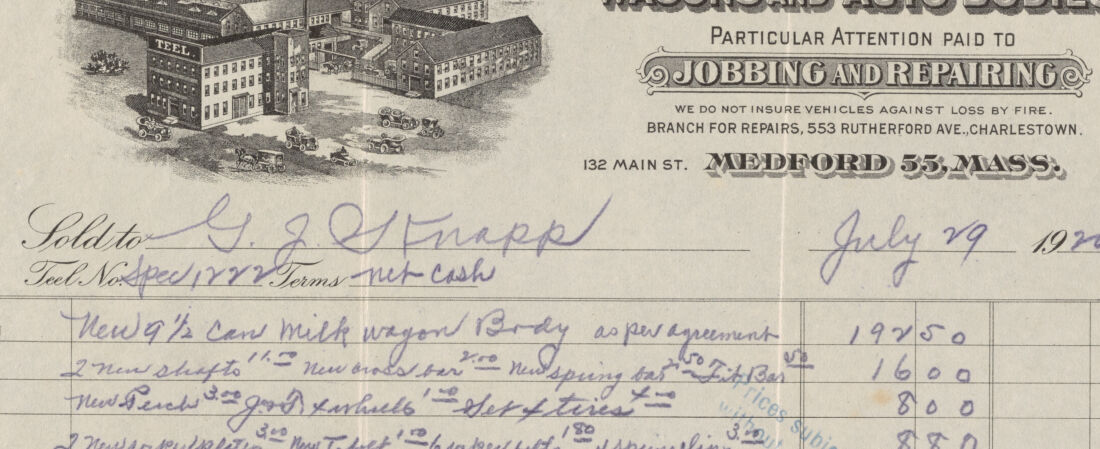 Invoice from E. Teel & Co. for G. J. Knapp, July 29, 1920