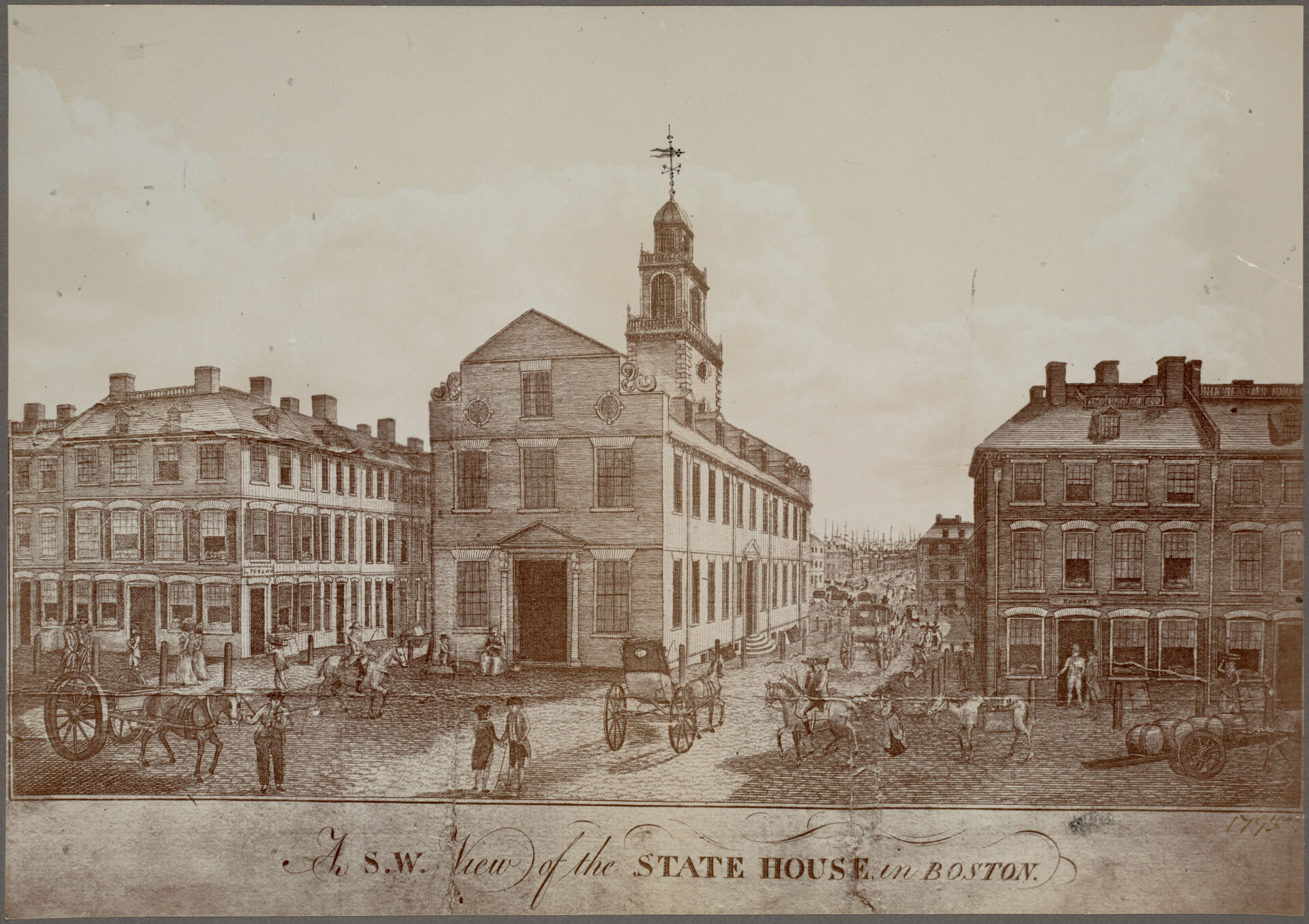 A s.w. view of the State House in Boston, drawing of state house and populated streets.