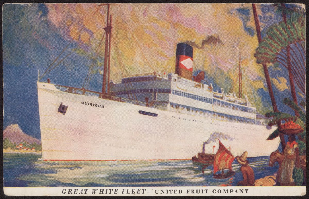 This postcard ca. 1896-1980 depicts a steamer of the United Fruit Company&rsquo;s &quot;Great White Fleet&quot;, here shown in an exotic setting, dwarfing the native surroundings.