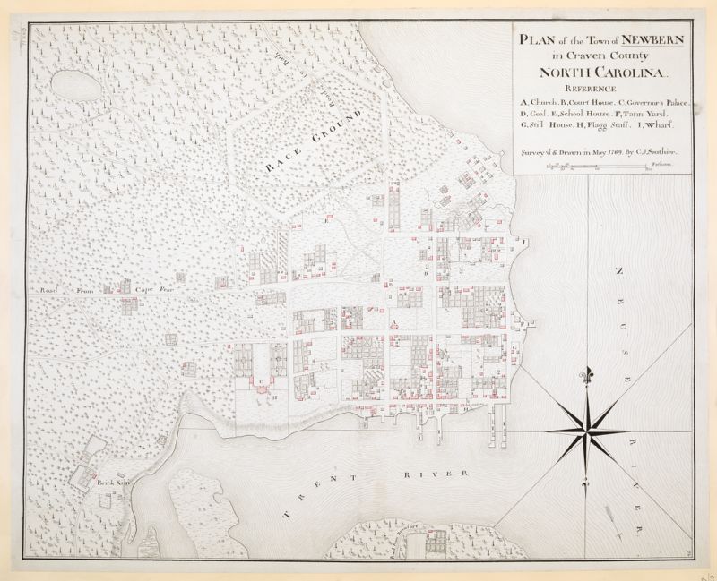 A black, white, and red manuscript map of the town of Newburn, North Carolina, showing buildings, roads, a race ground, and other features