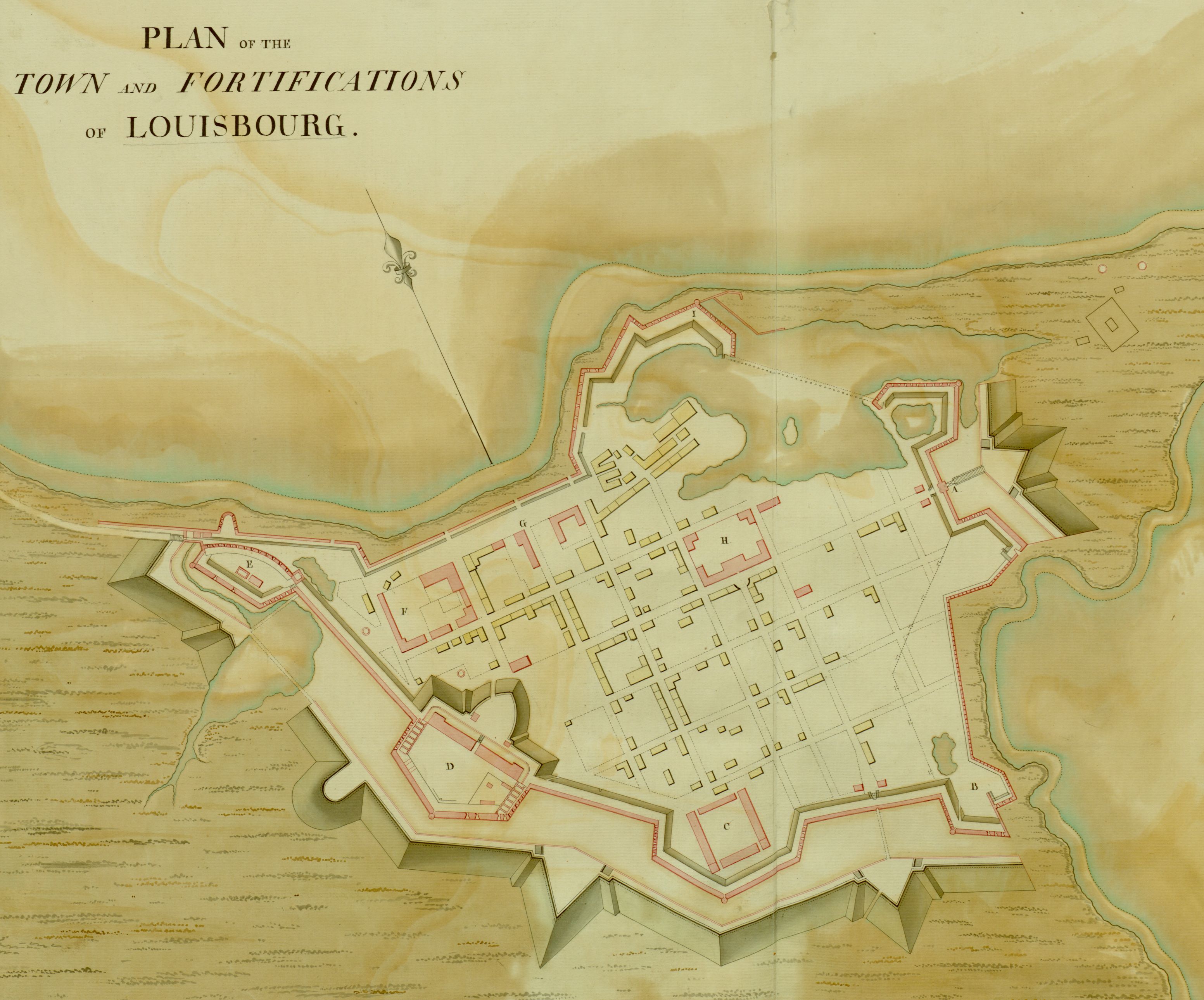 A 1745 map displaying the town and fortifications of Louisbourg