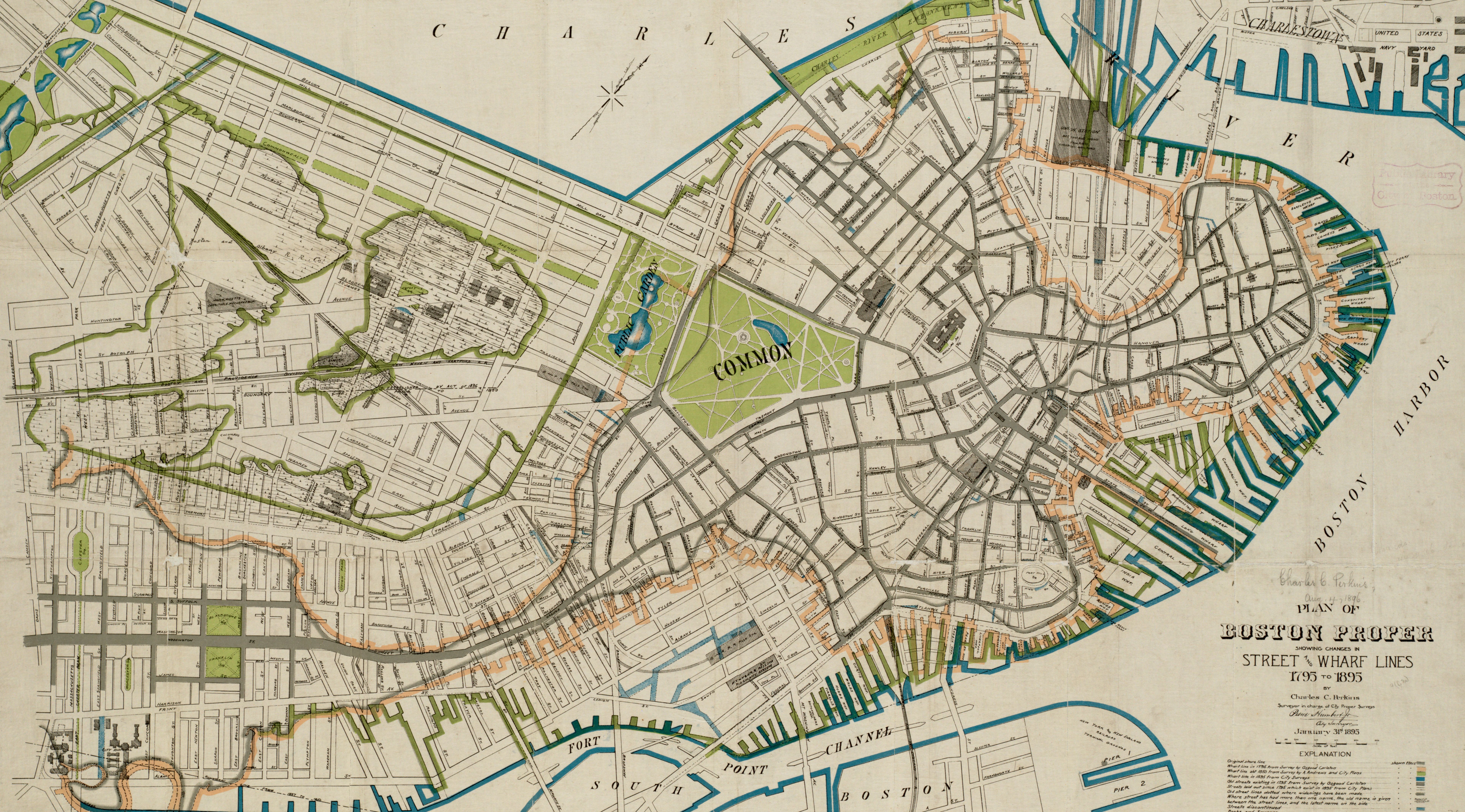 As one of the most important centers of a newly independent nation, Boston spent the first half of the nineteenth century reimagining its urban form and building neighborhoods from scratch, as seen in this 1895 map.