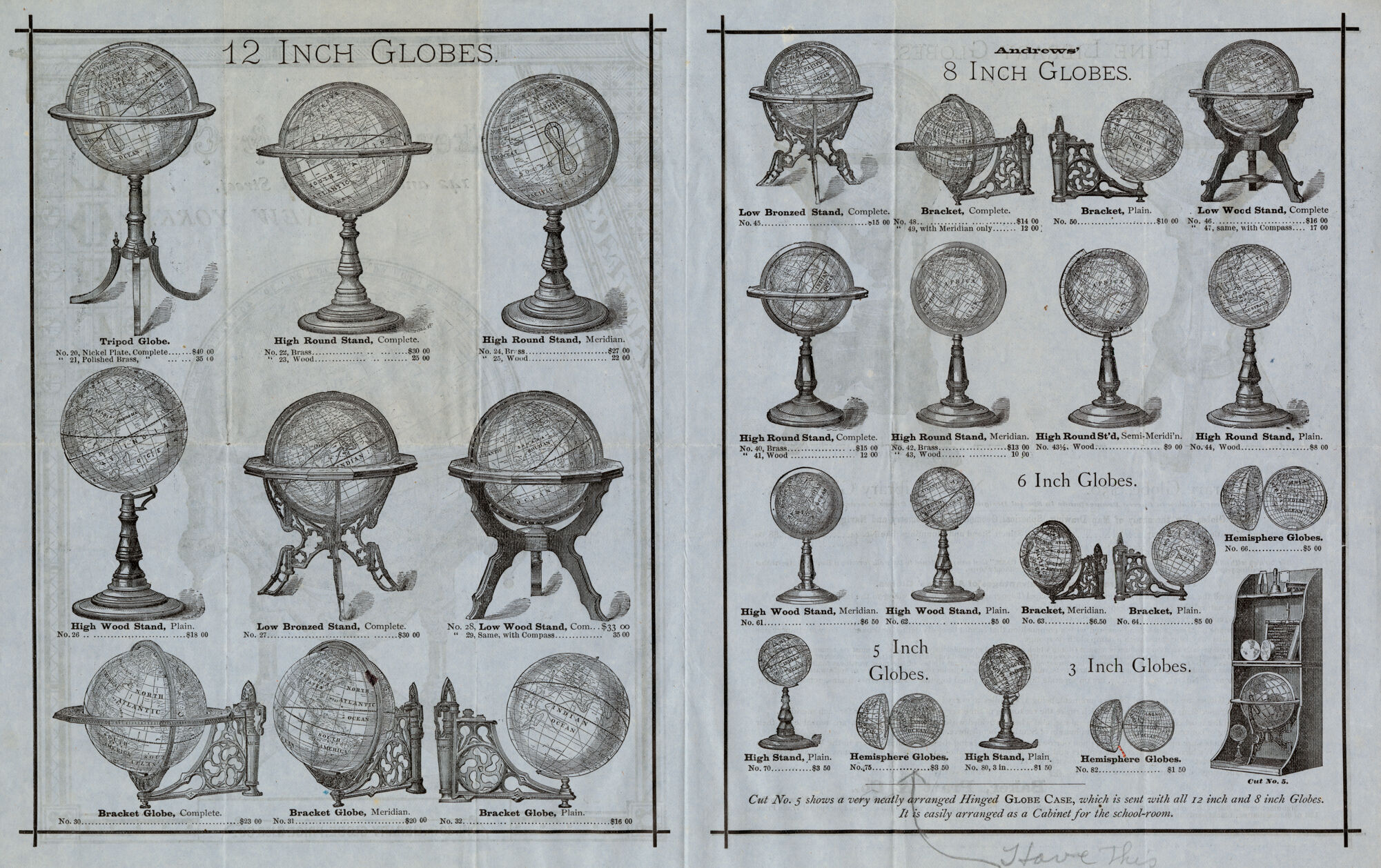 Two-page spread advertising globes by Baker, Pratt &amp; Co.