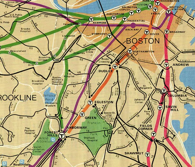 Detail of 1977 MBTA map of Boston showing the Green Line&rsquo;s extension to Arborway/Forest Hills
